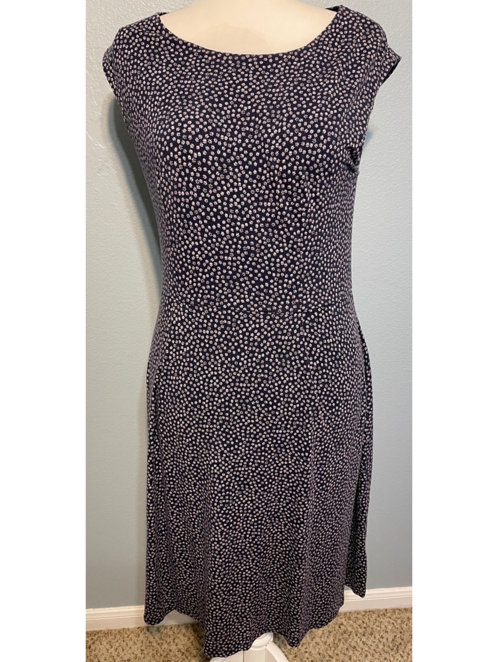 Boden Navy Ditsy Floral Midi Dress Empire Waist Fit Flare Cottagecore 12R
